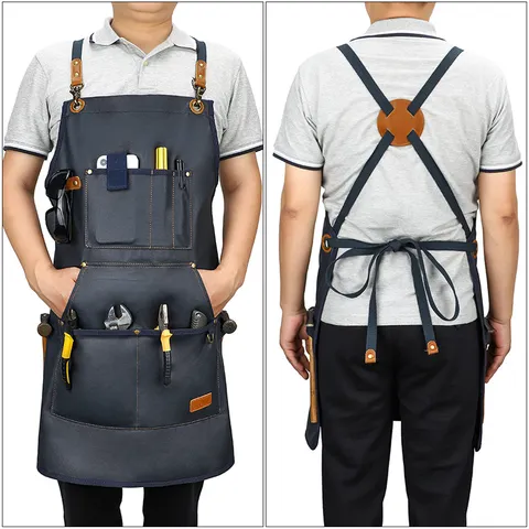 Multifunctional Canvas Gardening Tool Apron With Cross Back Straps Leather Details Multi Pockets Work Apron For Men