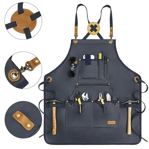 Multifunctional Canvas Gardening Tool Apron With Cross Back Straps Leather Details Multi Pockets Work Apron For Men