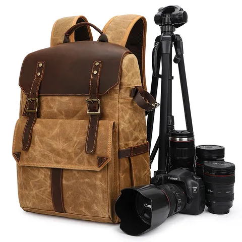 Vintage Waterproof Waxed Canvas DSLR Camera Backpack Large Capacity Travel Hiking Laptop Rucksack Bag
