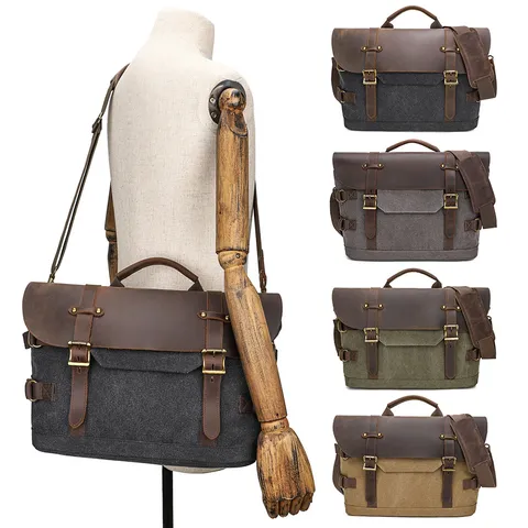Men's Vintage Canvas Crossbody Bag Casual Waterproof Messenger Bag Retro Shoulder Computer Bag