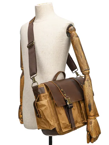 Men's Canvas Messenger Bag Vintage Waterproof Single Shoulder Crossbody Bag Large Capacity Casual Commuter Briefcase