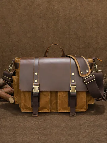 Men's Canvas Messenger Bag Vintage Waterproof Single Shoulder Crossbody Bag Large Capacity Casual Commuter Briefcase