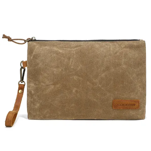 Men's Vintage Waxed Canvas Clutch Bag Casual Waterproof Multi-Function Document Pouch With Wrist Strap Handbag