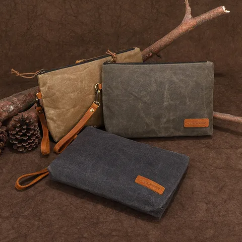 Men's Vintage Waxed Canvas Clutch Bag Casual Waterproof Multi-Function Document Pouch With Wrist Strap Handbag