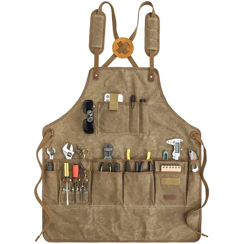 Thick Canvas Apron With Cross Back Straps Multi Pockets Adjustable Kitchen Gardening Woodworking Tool Apron For Adults