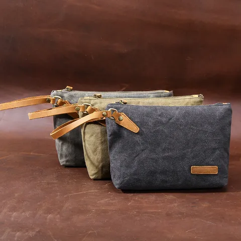 Vintage Canvas Men Clutch Bag Casual Solid Color Wear-Resistant Zipper Coin Purse