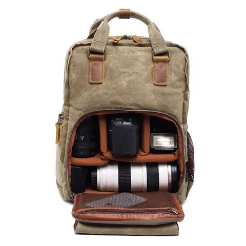 Vintage Waterproof Canvas Camera Backpack Casual Large Capacity Travel Rucksack For DSLR SLR Camera And 15 Inch Laptop