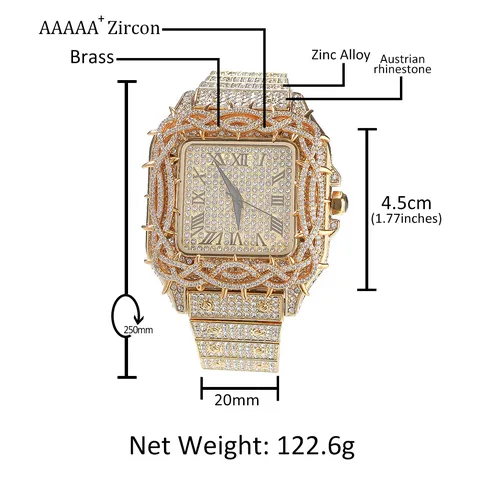 Montre Hip Hop Carrée Entièrement Sertie de Strass et Zirconia pour Hommes Luxe Design Épine Chiffres Romains Montre à Quartz Étanche