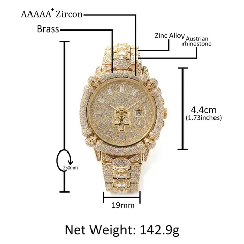 Montre de Luxe Hip Hop pour Hommes en Strass Design de Crâne Punk Montre-bracelet à Quartz Étanche Lumineuse Bijoux de Mode
