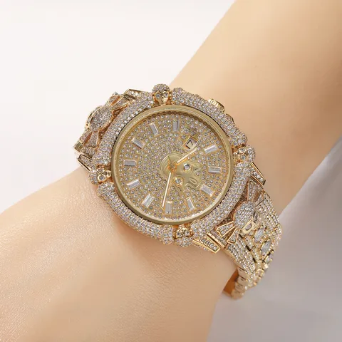 Montre de Luxe Hip Hop pour Hommes en Strass Design de Crâne Punk Montre-bracelet à Quartz Étanche Lumineuse Bijoux de Mode