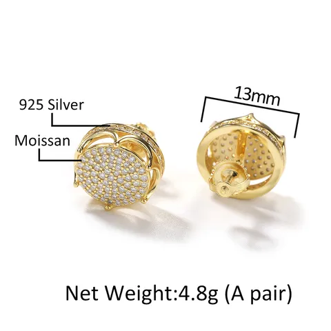 Hip Hop Classic Round Moissanite Stud Earrings 925 Sterling Silver Screw Back Earrings For Men Women GRA Certificate
