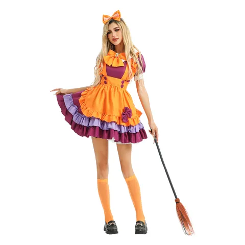 Halloween Pumpkin Lolita Maid Costume Stage Performance Dress Set With Apron Headpiece Bow Tie Plus Size Performance Wear