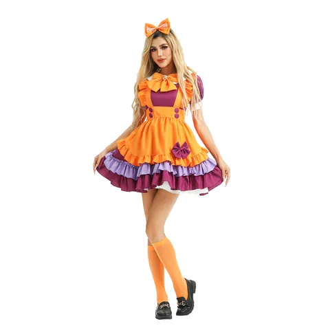 Halloween Pumpkin Lolita Maid Costume Stage Performance Dress Set With Apron Headpiece Bow Tie Plus Size Performance Wear