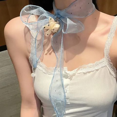 Fashion Polka Dot Satin Ribbon Necklace Elegant Artificial Pearl Flower Pendant Choker Women Jewelry Gift