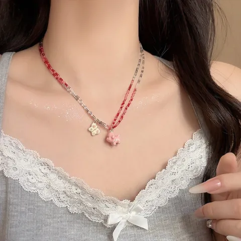 Collana a Doppio Strato con Perline Colorate Dopamina Estiva Collana Girocollo con Ciondolo a Forma di Fungo Farfalla in Resina per Donna Regalo Gioielli