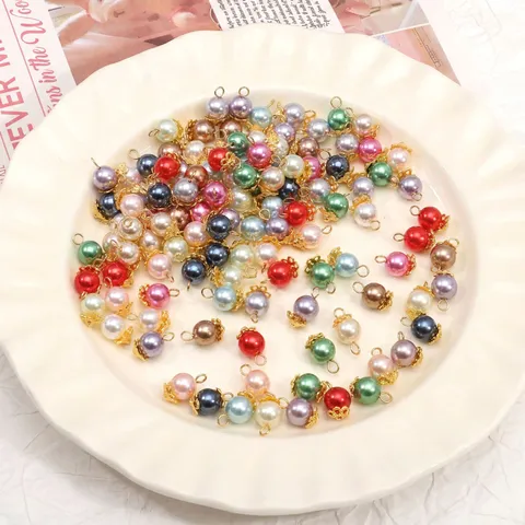 Glass Round Charm Pendant Colorful Artificial Pearl Beads Alloy Cap Ring For DIY Handmade Jewelry Making Bracelet Findings Craft Supply
