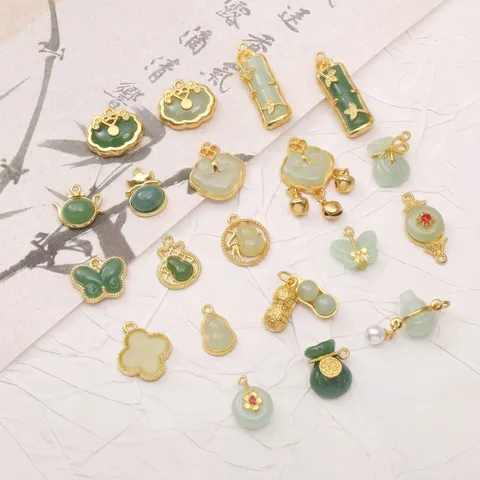 Alloy Imitation Jade Glass Charms DIY Jewelry Making Pendants Chinese Style Gourd Blessing Bag Bowknot Flower Rhinestone Artificial Pearl Beads Hangings