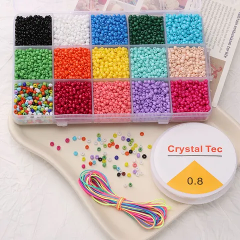 Juego de 15 Rejillas Caja 3mm Cuentas de Vidrio Pintadas DIY Kit de Fabricación de Joyas Con Cordón Elástico e Hilo de Colores