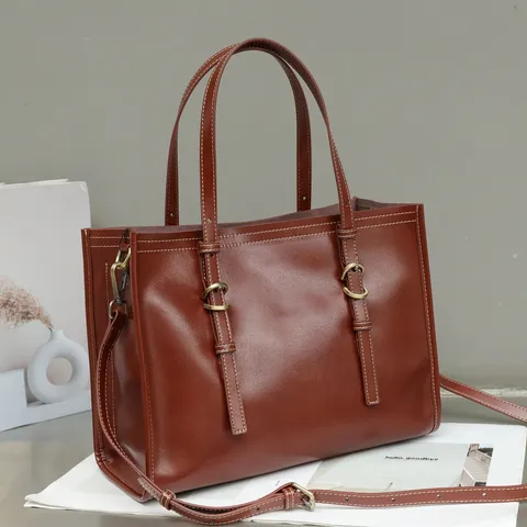 Bolso Tote Vintage de Cuero Genuino para Mujer Bolso de Hombro Cruzado Casual de Gran Capacidad