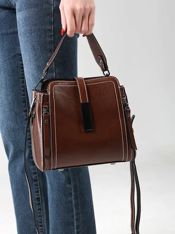 Mujer Cuero Genuino Bolso Balde Retro Costuras en Contraste Remache Bolso Bandolera Casual Vintage Commuter Bolso