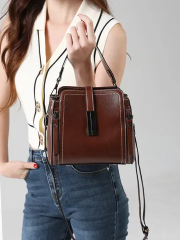 Mujer Cuero Genuino Bolso Balde Retro Costuras en Contraste Remache Bolso Bandolera Casual Vintage Commuter Bolso