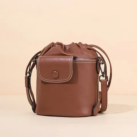 Genuine Leather Bucket Bag For Women Fashion Drawstring Shoulder Crossbody Bag Commuter Versatile Small Handbag