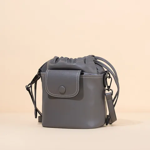 Genuine Leather Bucket Bag For Women Fashion Drawstring Shoulder Crossbody Bag Commuter Versatile Small Handbag
