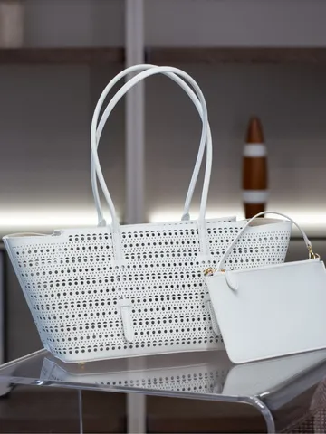 Large Genuine Leather Hollow Tote Bag With Inner Pouch Women Fashion Casual Handbag Minimalist Design Shoulder Bag
