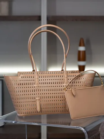 Large Genuine Leather Hollow Tote Bag With Inner Pouch Women Fashion Casual Handbag Minimalist Design Shoulder Bag