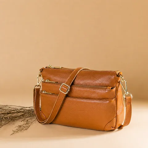 Women's Genuine Leather Shoulder Crossbody Bag Top Layer Cowhide Multi Zipper Compartment Handbag Casual Tote