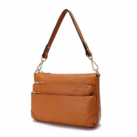 Women's Genuine Leather Shoulder Crossbody Bag Top Layer Cowhide Multi Zipper Compartment Handbag Casual Tote
