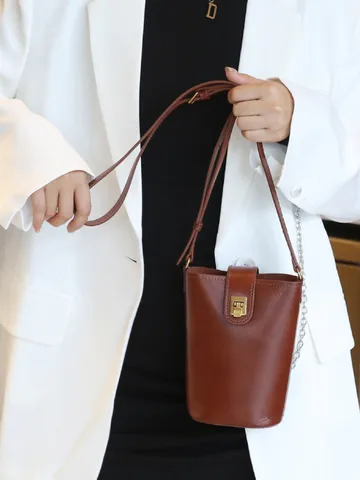 Vegetable Tanned Top Layer Cowhide Women Bucket Bag Minimalist Urban Crossbody Shoulder Phone Coin Purse Handbag