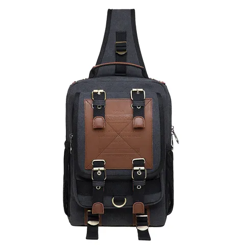 Men's Casual Canvas Chest Bag Retro Vintage Crossbody Shoulder Bag Multi-Pocket Travel Daypack