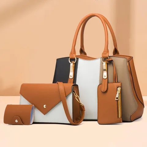 Women Fashion Color Block Handbag PU Leather Four Piece Set Casual Shoulder Messenger Tote Bag Daily Purse