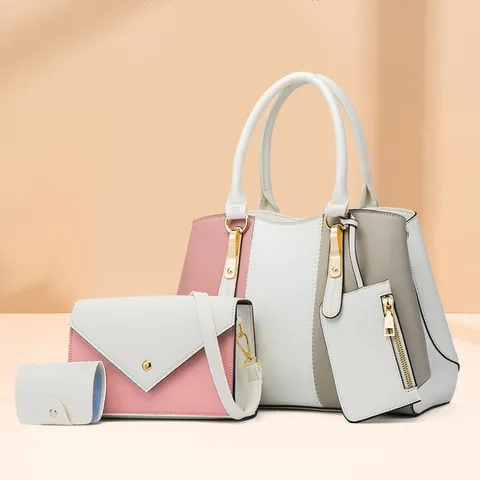 Women Fashion Color Block Handbag PU Leather Four Piece Set Casual Shoulder Messenger Tote Bag Daily Purse