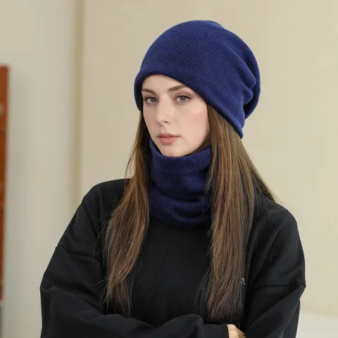 Women Winter Warm Knitted Beanie Hat And Scarf Set Thickened Plush Lined Casual Solid Color Cold Weather Fashion Set