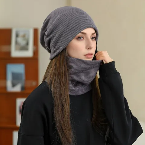 Women Winter Warm Knitted Beanie Hat And Scarf Set Thickened Plush Lined Casual Solid Color Cold Weather Fashion Set