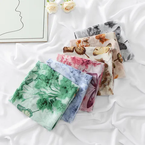 Women Fashion Printed Long Scarf Lightweight Voile Shawl Floral Butterfly Print Commuter Sun Protection Scarf