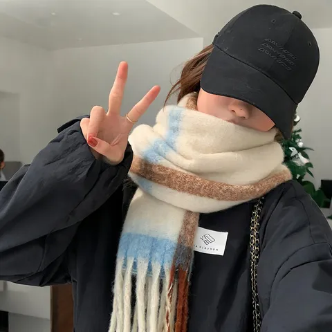 Winter Warm Tassel Scarf Women Korean Style Color Block Patchwork Shawl