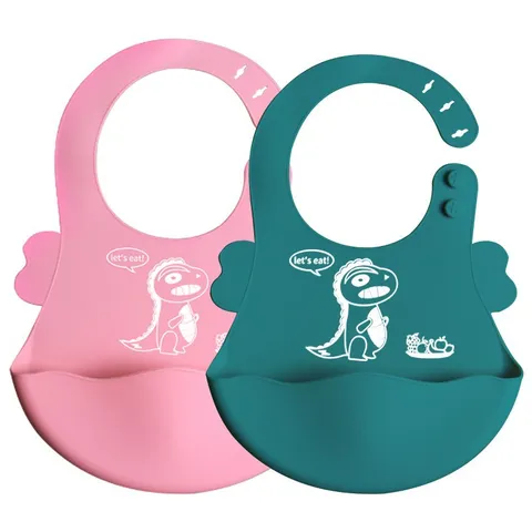 Baby Cartoon Silicone Bib Waterproof Infant Feeding Bibs With Pocket Toddler Dinosaur Eating Bib Kids Mealtime Accessories