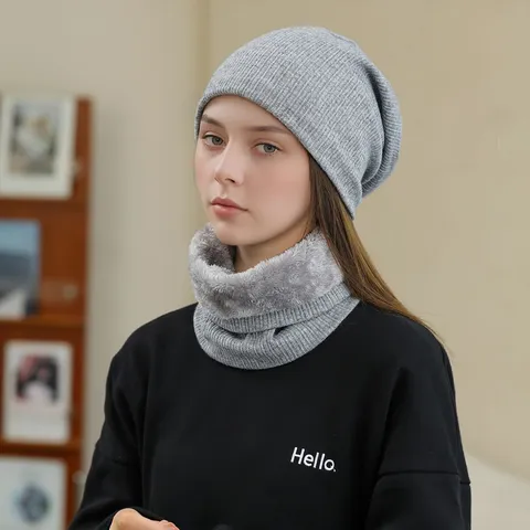 Winter Warm Knit Beanie Hat And Neck Warmer Scarf Set Fleece Lined Windproof Thermal Hat For Men Women