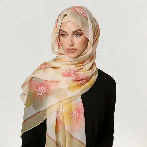 Women's Vintage Floral Print Voile Long Scarf Retro Artistic Style Lightweight Beach Shawl Head Scarf For Travel Daily