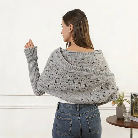 Women Autumn Winter Lengthened Double Sleeve Knit Shawl Hollow Out Cross Scarf Solid Color Casual Warm Outerwear