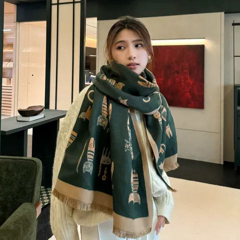 Women Winter Warm Cashmere Scarf Cute Cartoon Cat Print Tassel Long Shawl Chic Soft Fashion Winter Neck Scarf