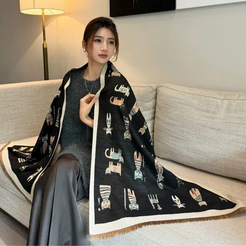 Women Winter Warm Cashmere Scarf Cute Cartoon Cat Print Tassel Long Shawl Chic Soft Fashion Winter Neck Scarf