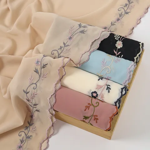 Women's French Style Embroidered Lace Edge Long Scarf Lightweight Soft Shawl Elegant Floral Headscarf Wrap