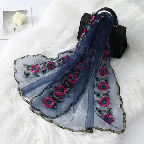 French Vintage Colorful Floral Embroidery Mesh Long Scarf Delicate Lace Trim Sunscreen Shawl Scarf For Women