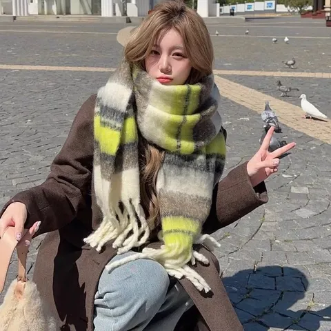Women Winter Cashmere Feel Scarf Thickened Plaid Tassels Long Warm Scarf
