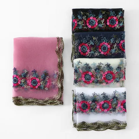 French Vintage Colorful Floral Embroidery Mesh Long Scarf Delicate Lace Trim Sunscreen Shawl Scarf For Women