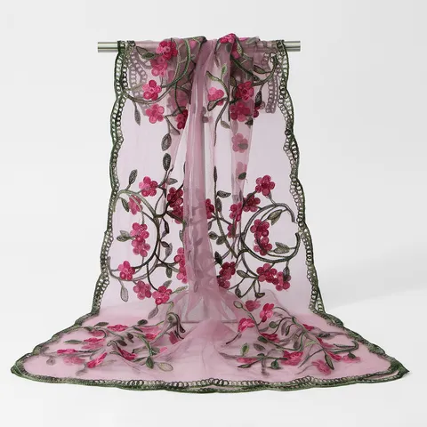 Women's Ethnic Style Floral Embroidered Nylon Long Scarf Versatile Lightweight Shawl Scarf For Travel Daily Wear